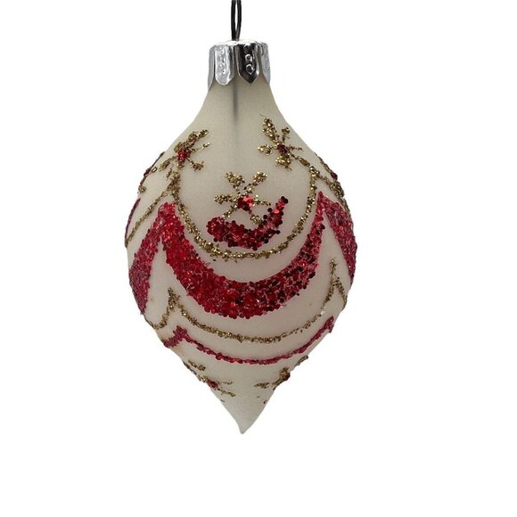 13 Vtg Glass Christmas Ornaments Frosted Red Gold Glitter Swags Teardrops - Picture 2 of 9